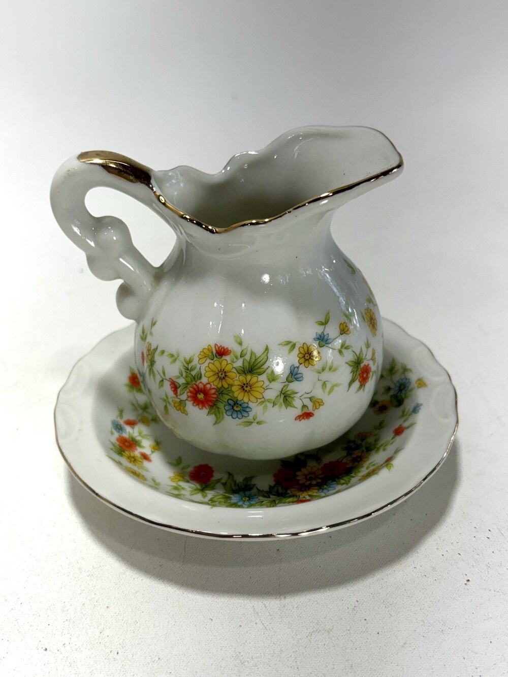 Vintage Lefton China Creamer w Saucer Hand Painted Floral Gold